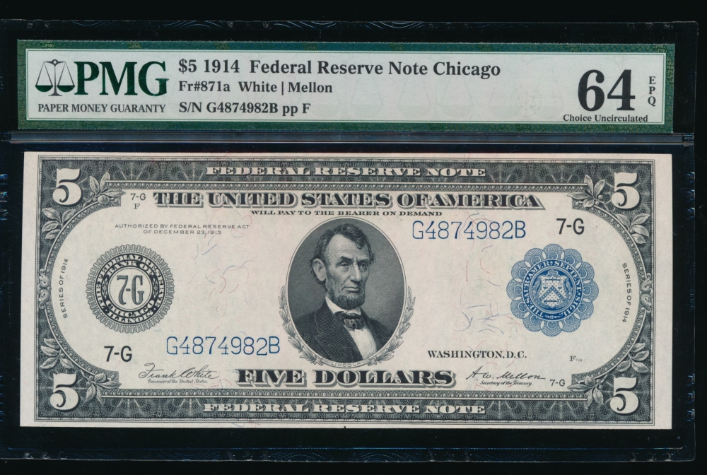 Fr. 871a 1914 $5  Federal Reserve Note Philadelphia PMG 64EPQ C4874982B