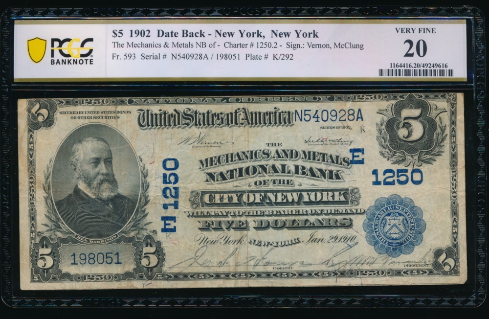 Fr. 593 1902 $5  National: Plain Back Ch #1250 The Mechanics and Metals National Bank of the City of New York, New York PCGS 20 198051