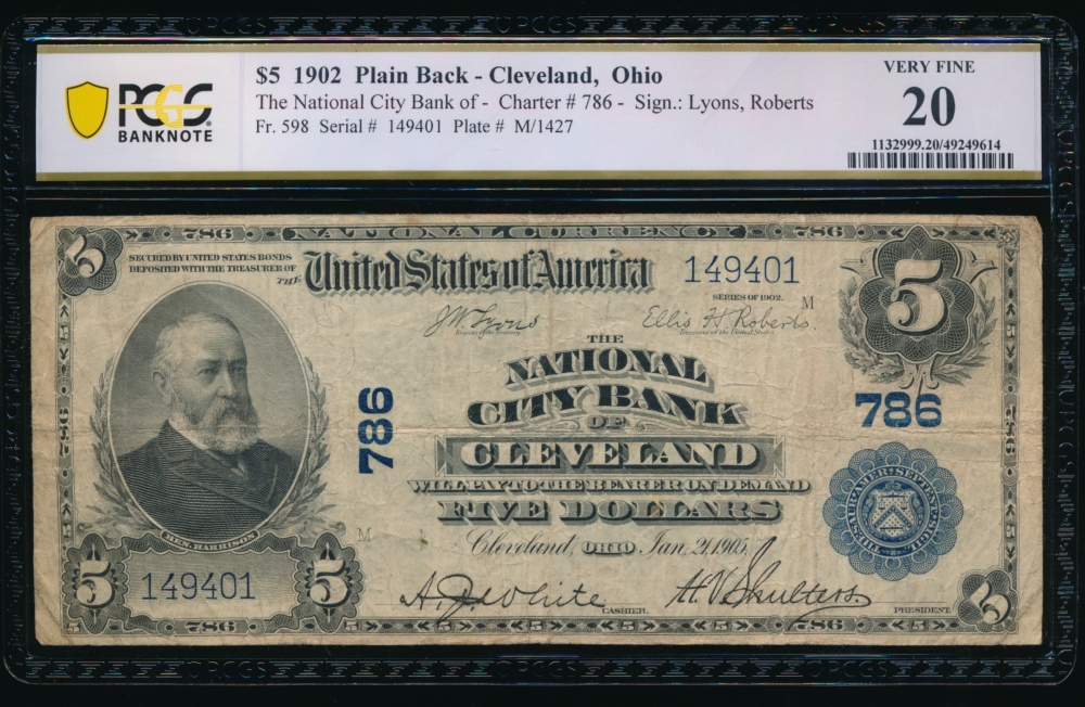 Fr. 598 1902 $5  National: Plain Back Ch #786 The National City Bank of Cleveland, Ohio PCGS 20 149401