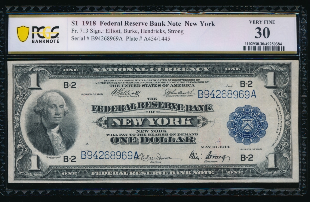 Fr. 713 1918 $1  FRBN New York PCGS 30 B94268969A