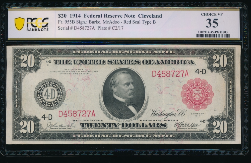 Fr. 955b 1914 $20  Federal Reserve Note Cleveland red seal PCGS 35 D458727A