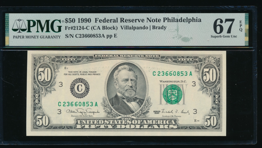 Fr. 2124-C 1990 $50  Federal Reserve Note Philadelphia PMG 67EPQ C23660853A