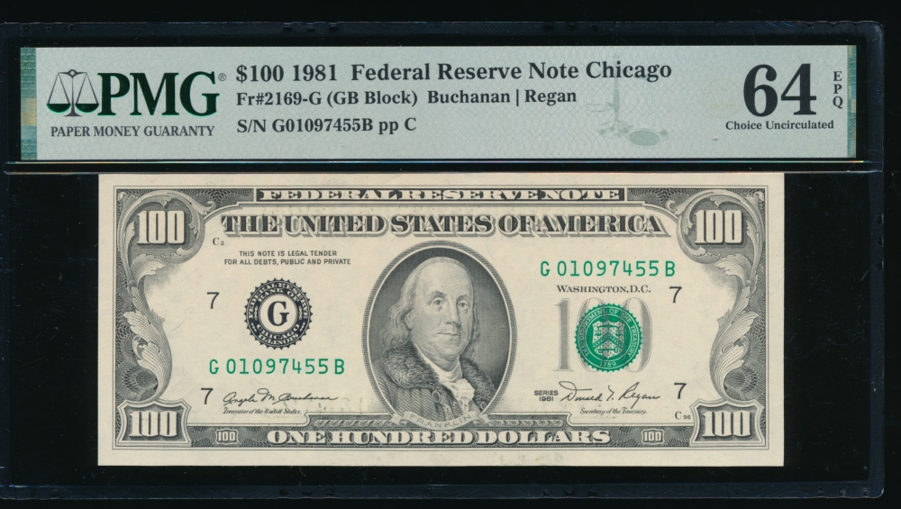 Fr. 2169-G 1981 $100  Federal Reserve Note Chicago PMG 64EPQ G01097455B