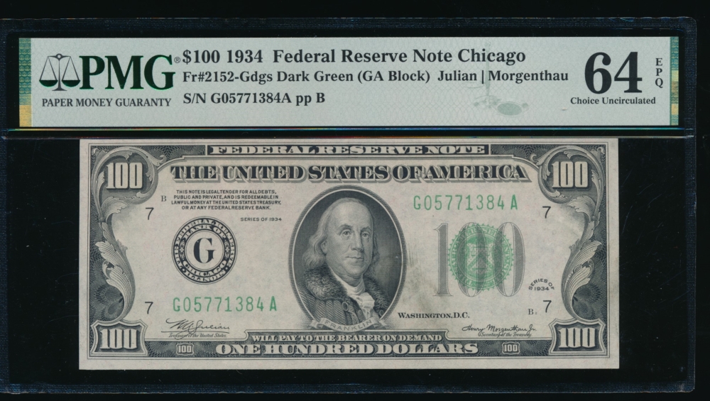 Fr. 2152-G 1934 $100  Federal Reserve Note Chicago PMG 64EPQ G05771384A