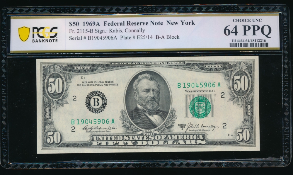Fr. 2115-B 1969A $50  Federal Reserve Note New York PCGS 64PPQ B19045906A