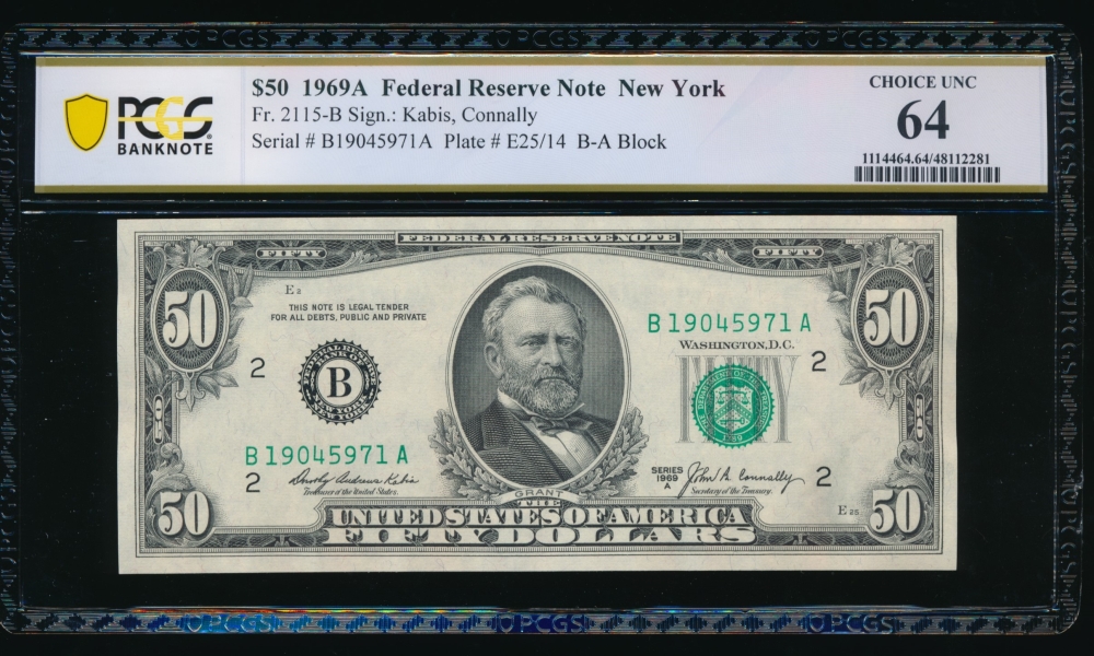 Fr. 2115-B 1969A $50  Federal Reserve Note New York PCGS 64 B19045971A