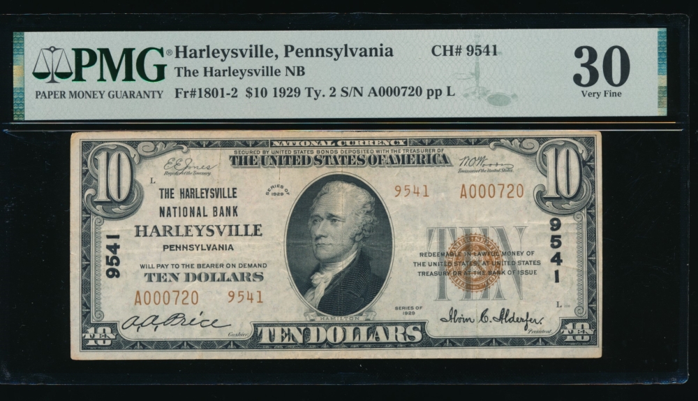 Fr. 1801-2 1929 $10  National: Type II Ch #9541 The Harleysville NB, Harleysville, PA PMG 30 A000720