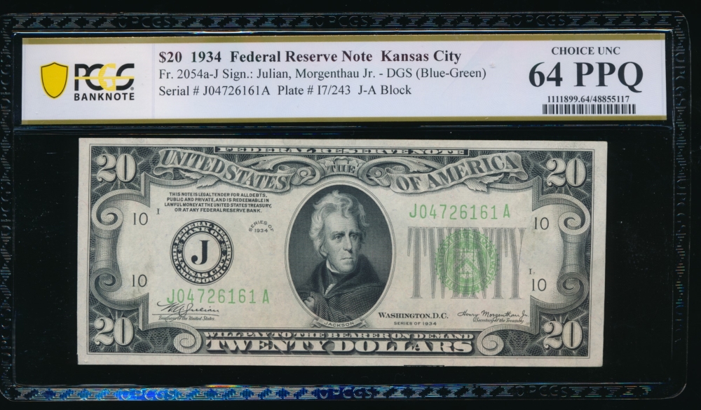 Fr. 2054-J 1934 $20  Federal Reserve Note Kansas City PCGS 64PPQ J04726161A