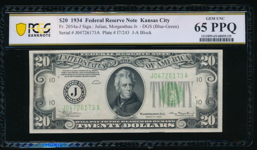 Fr. 2054-J 1934 $20  Federal Reserve Note Kansas City PCGS 65PPQ J04726173A