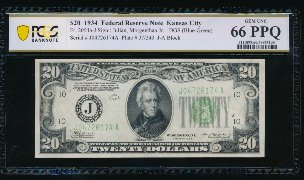 Fr. 2054-J 1934 $20  Federal Reserve Note Kansas City PCGS 66PPQ J04726174A