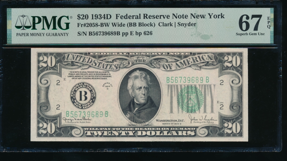 Fr. 2058-B 1934D $20  Federal Reserve Note  PMG 67EPQ B56739689B