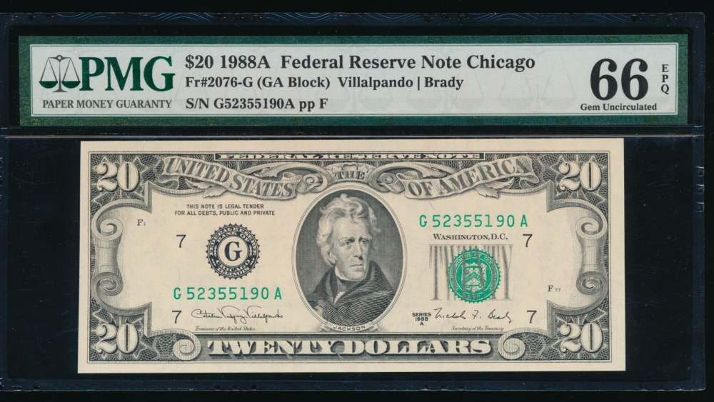 Fr. 2076-G 1988A $20  Federal Reserve Note Chicago PMG 66EPQ G52355190A