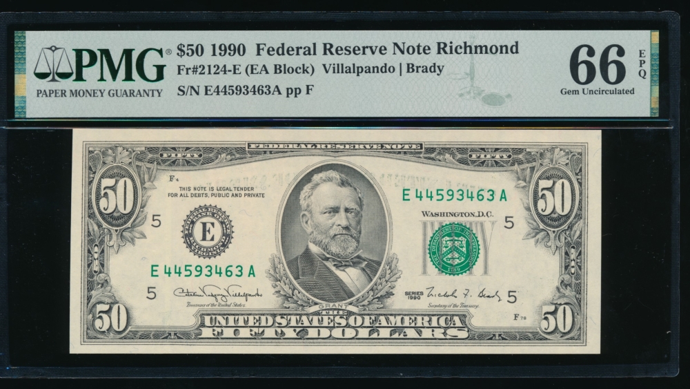 Fr. 2124-E 1990 $50  Federal Reserve Note Richmond PMG 66EPQ E44593463A