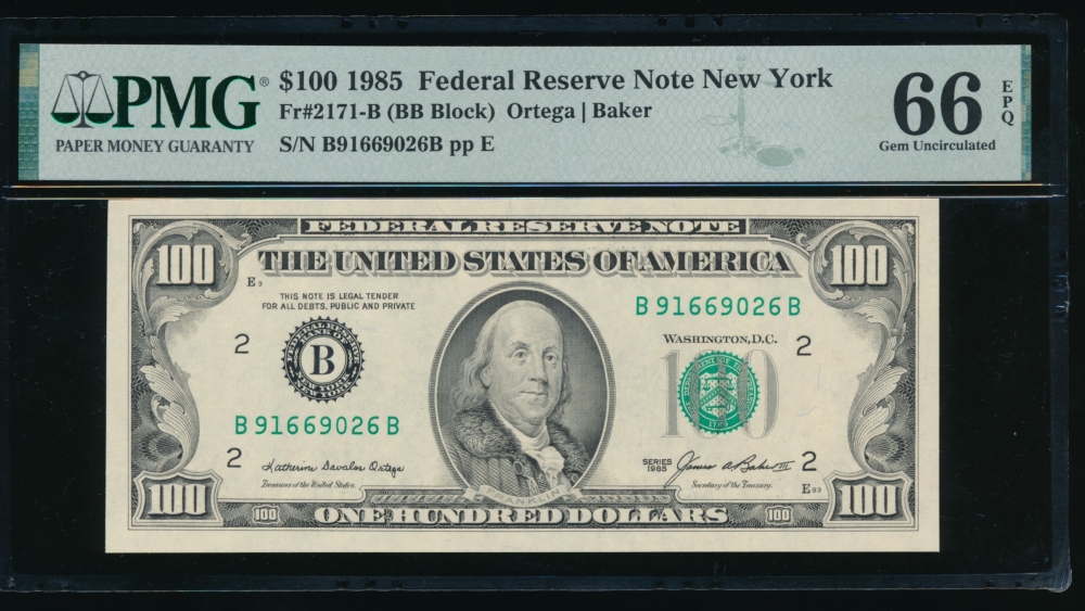 Fr. 2171-B 1985 $100  Federal Reserve Note New York PMG 66EPQ B91669026A