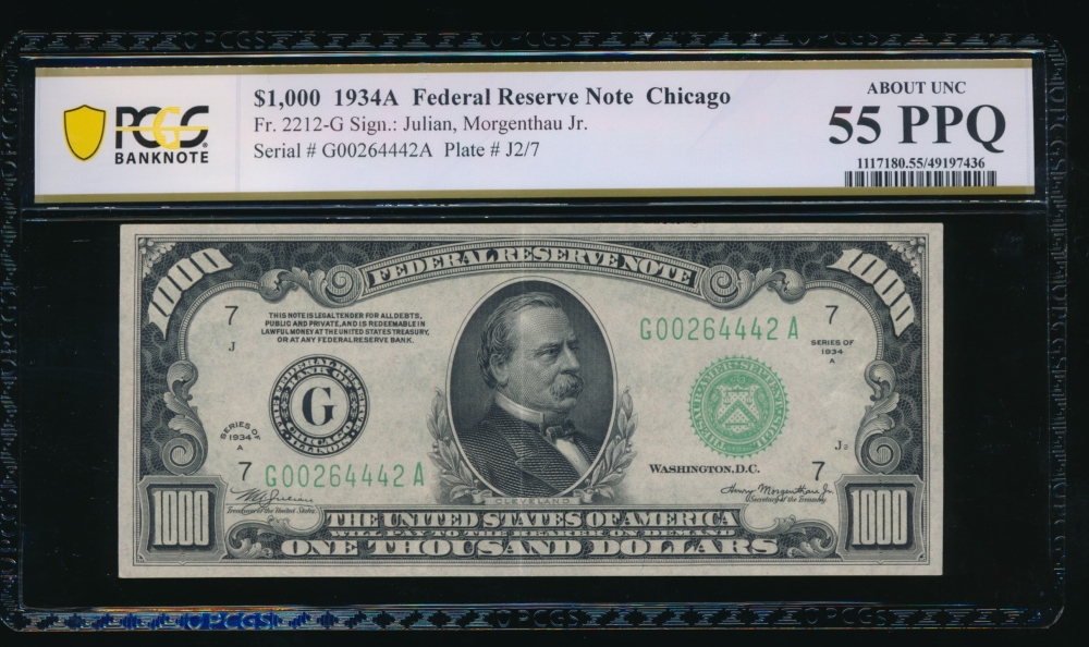 Fr. 2212-G 1934 $1,000  Federal Reserve Note Chicago PCGS 55PPQ G00264442A