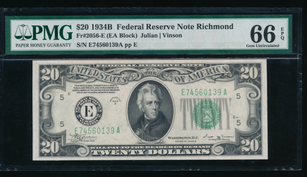 Fr. 2056-E 1934 $20  Federal Reserve Note RIchmond PMG 66EPQ E74560139A