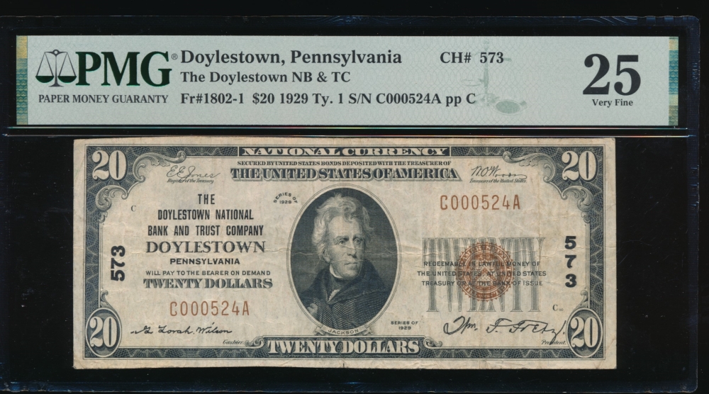 Fr. 1802-1 1929 $20  National: Type I Ch #573 The Doylestown NB&TC, Doylestown, Pennsylvania PMG 25 C000524A