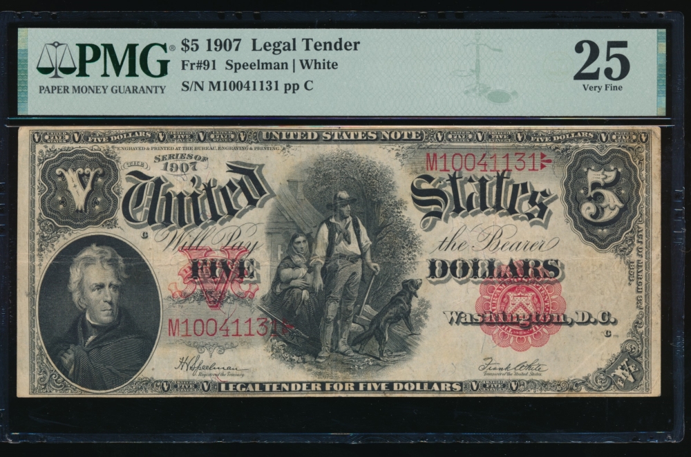 Fr. 91 1907 $5  Legal Tender  PMG 25 M10041131