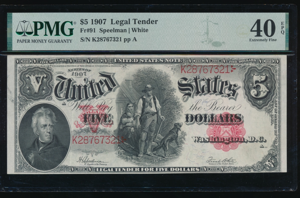 Fr. 91 1907 $5  Legal Tender  PMG 40EPQ K28767321