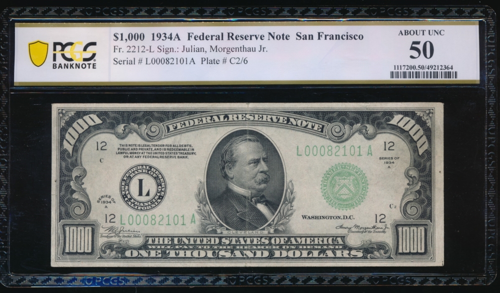 Fr. 2212-L 1934A $1,000  Federal Reserve Note San Francisco PCGS 50 L00082101A
