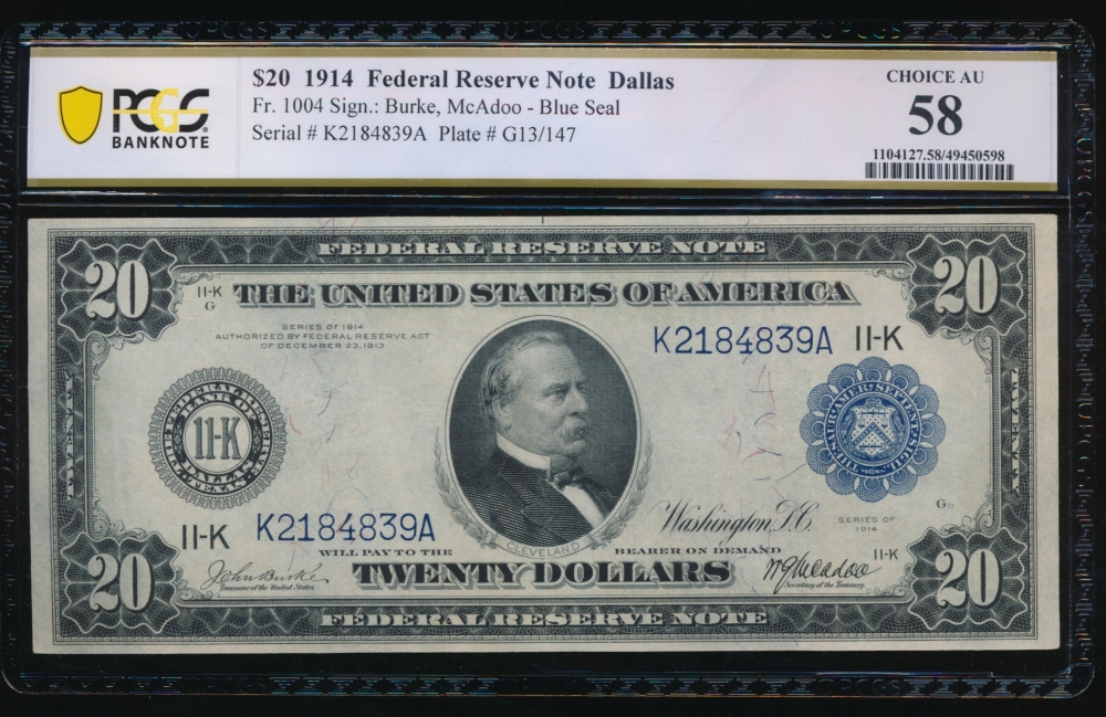 Fr. 1004 1914 $20  Federal Reserve Note Dallas PCGS 58 K2184839A