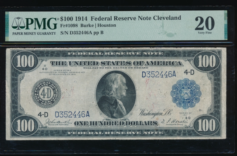 Fr. 1098 1914 $100  Federal Reserve Note Cleveland PMG 20 comment D352446A