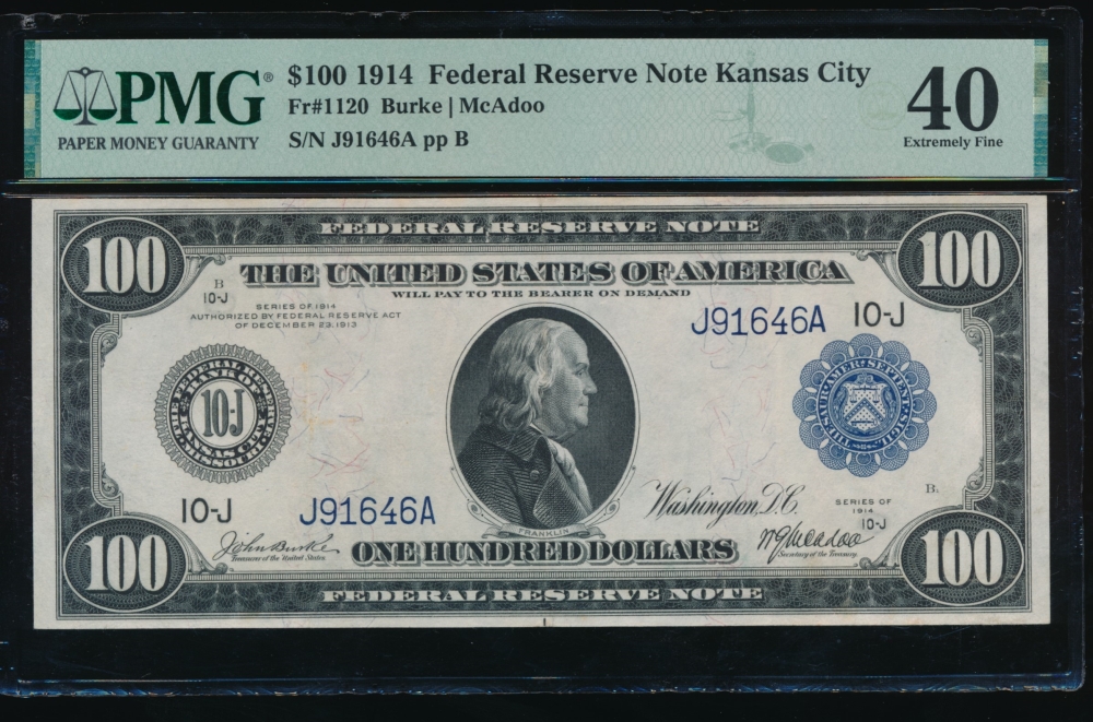 Fr. 1120 1914 $100  Federal Reserve Note Kansas City PMG 40 J91646A