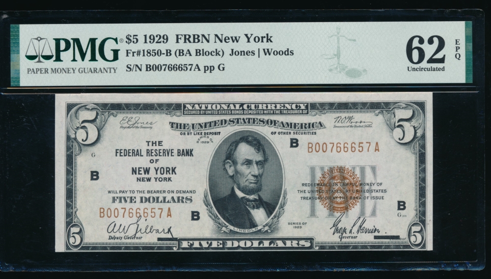 Fr. 1850-B 1929 $5  FRBN New York PMG 62EPQ B00766657A