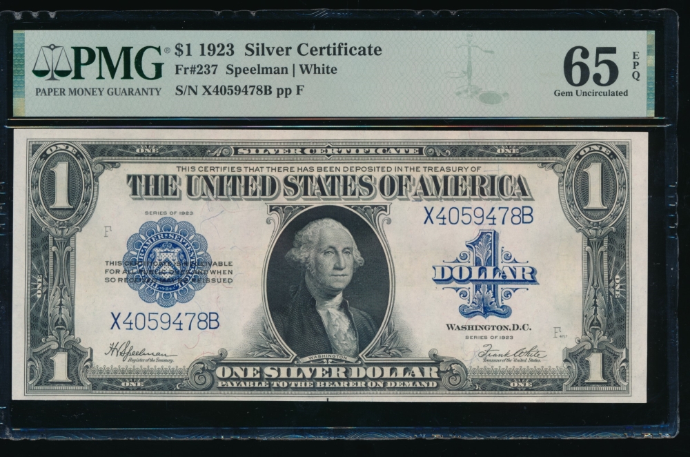 Fr. 237 1923 $1  Silver Certificate XB block PMG 65EPQ X4059478B