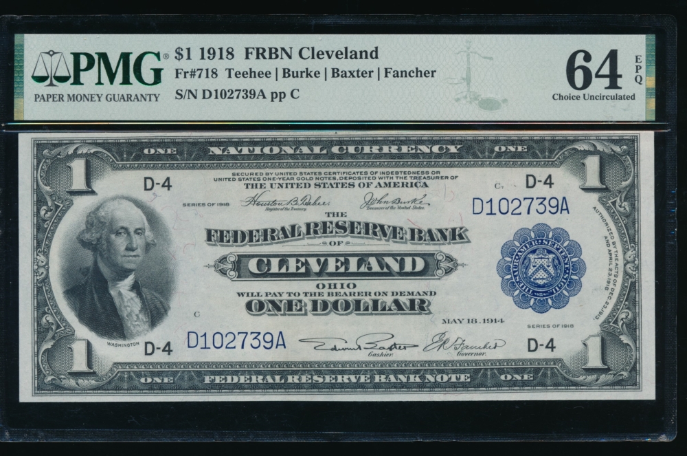 Fr. 718 1918 $1  FRBN Cleveland PMG 64EPQ D102739A