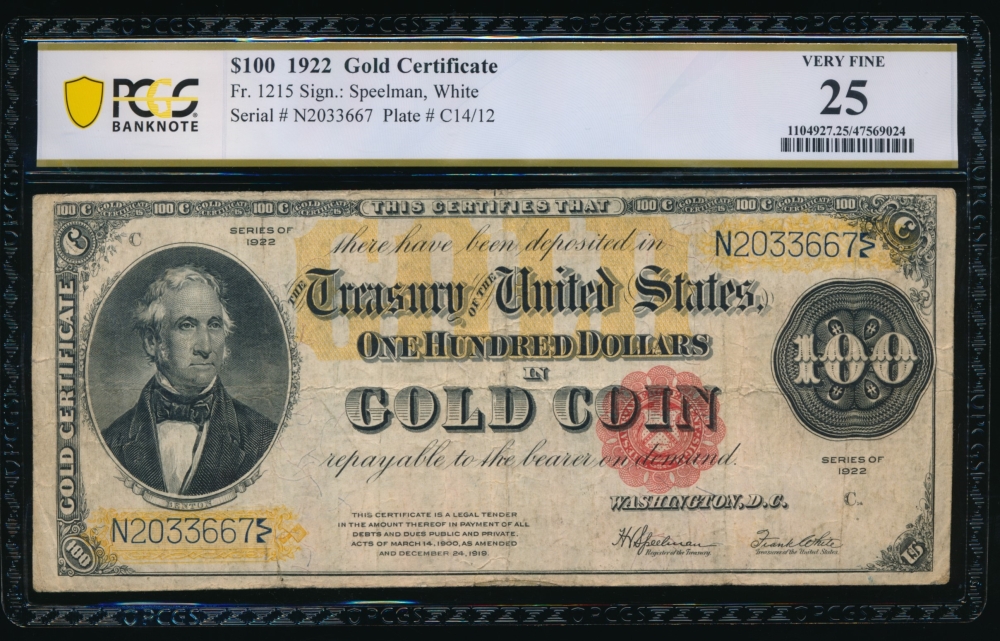 Fr. 1215 1922 $100  Gold Certificate  PCGS 25 N2033667