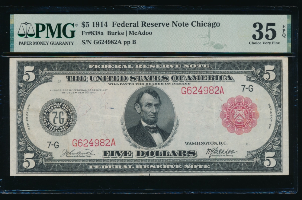 Fr. 838a 1914 $5  Federal Reserve Note Chicago red seal PMG 35EPQ G624982A