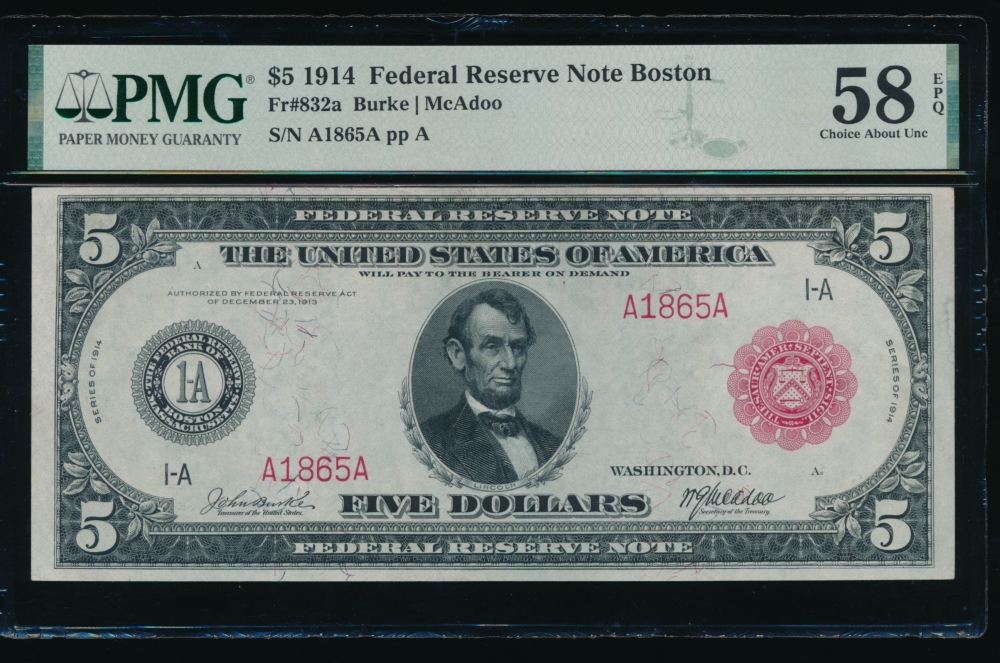 Fr. 832a 1914 $5  Federal Reserve Note Boston red seal PMG 58EPQ A1865A