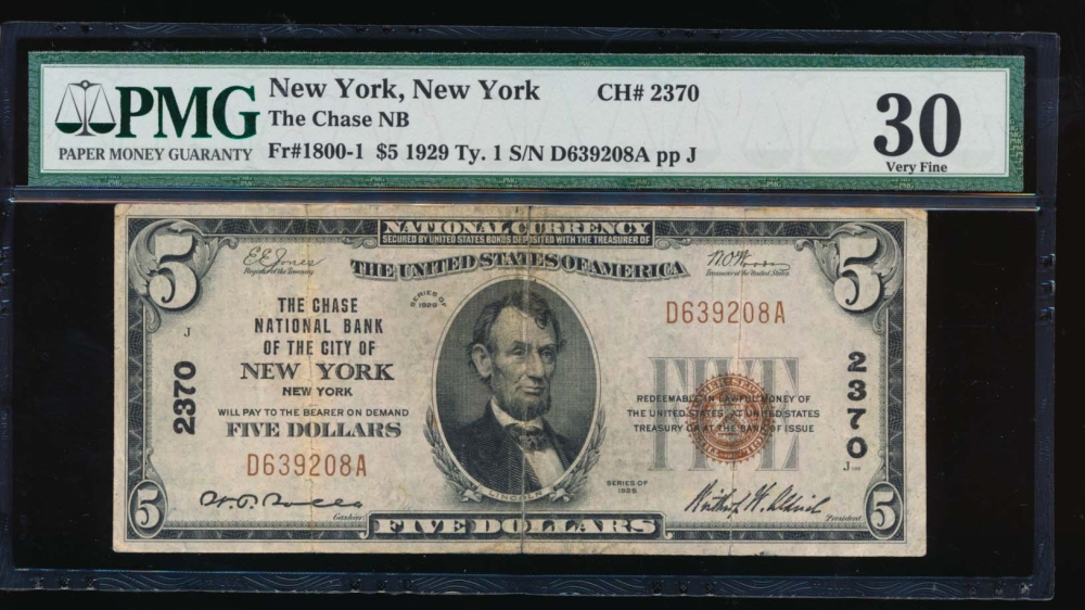 Fr. 1800-1 1929 $5  National: Type I Ch #2370 The Chase National Bank of the City of New York, New York PMG 30 comment D639208A