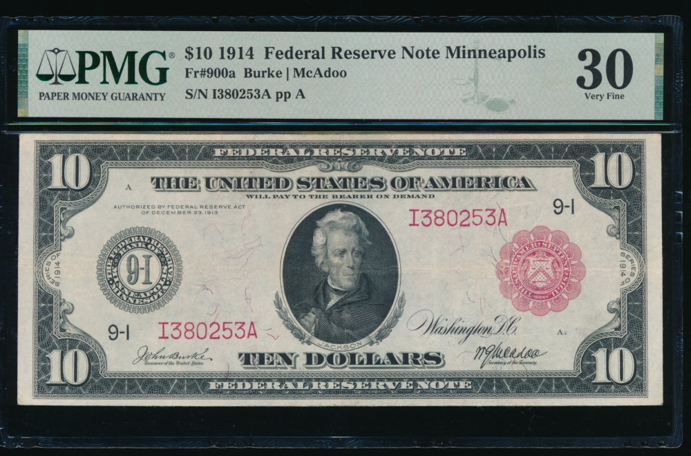 Fr. 900a 1914 $10  Federal Reserve Note Minneapolis red seal PMG 30 I380253A