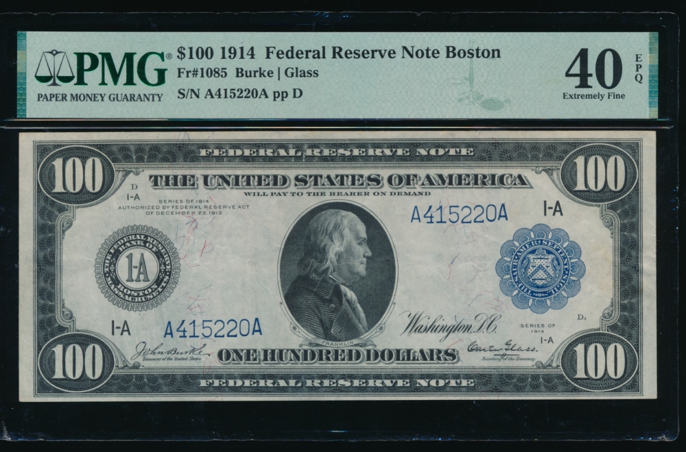 Fr. 1085 1914 $100  Federal Reserve Note Boston PMG 40EPQ A415220A