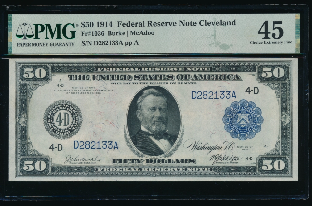 Fr. 1036 1914 $50  Federal Reserve Note Cleveland PMG 45 D282133A