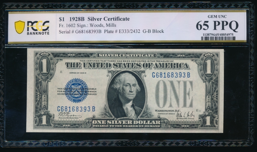 Fr. 1602 1928B $1  Silver Certificate GB block PCGS 65PPQ G68168393B