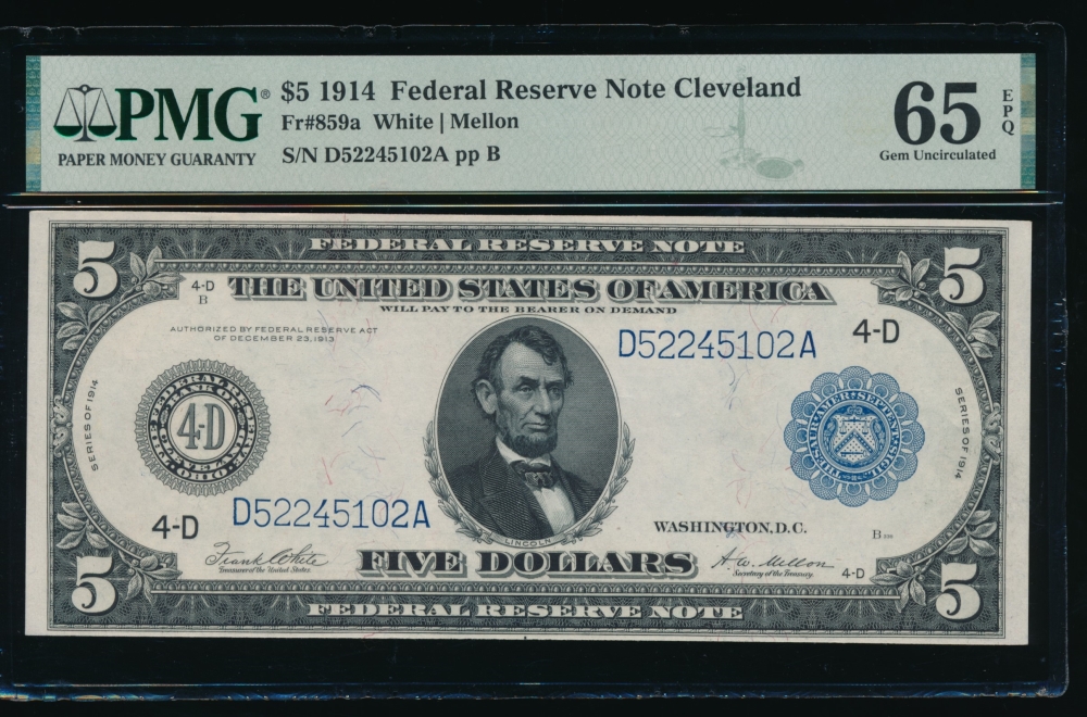 Fr. 859a 1914 $5  Federal Reserve Note Cleveland PMG 65EPQ D52245102A