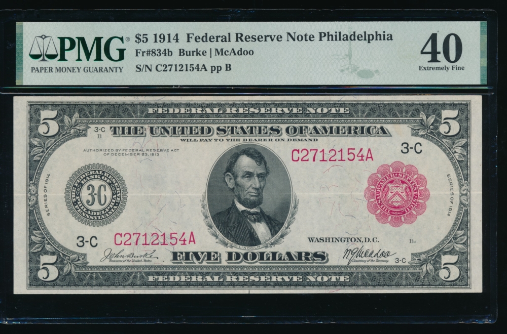 Fr. 834b 1914 $5  Federal Reserve Note Philadelphia red seal PMG 40 C2712154A