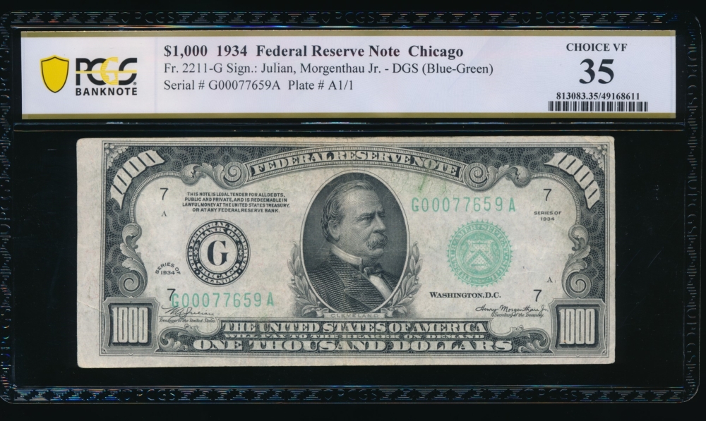 Fr. 2211-G 1934 $1,000  Federal Reserve Note Chicago PCGS 35 G00077659A