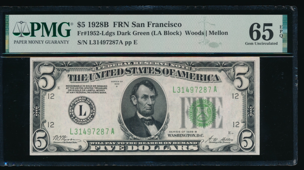 Fr. 1952-L 1928B $5  Federal Reserve Note San Francisco PMG 65EPQ L31497287A