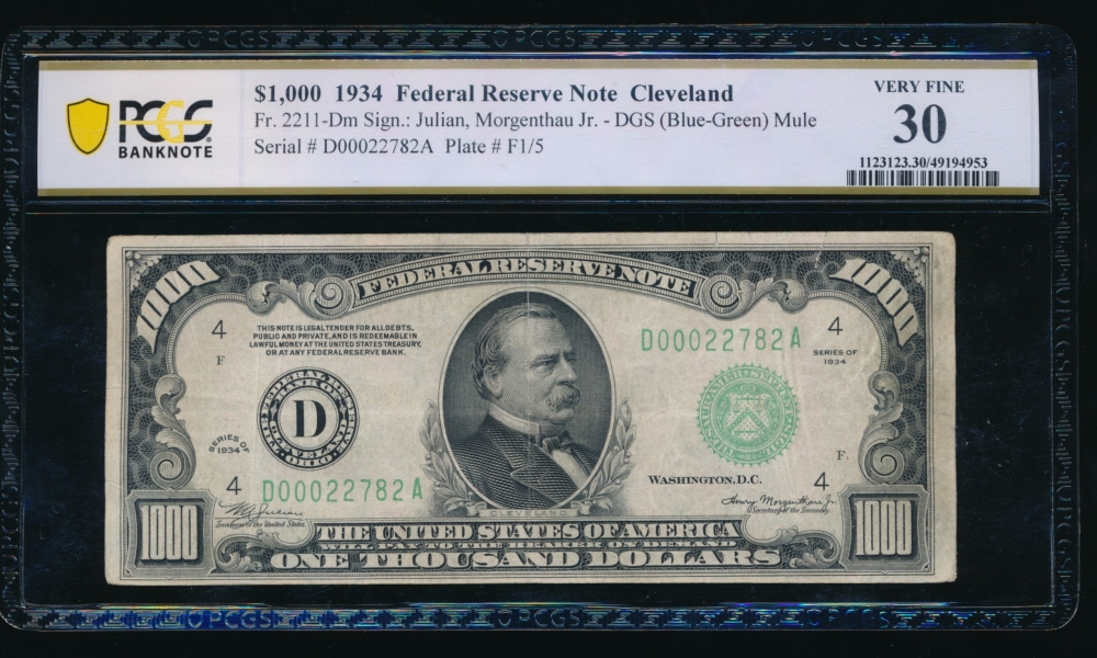Fr. 2211-D 1934 $1,000  Federal Reserve Note Cleveland PCGS 30 D00022782A