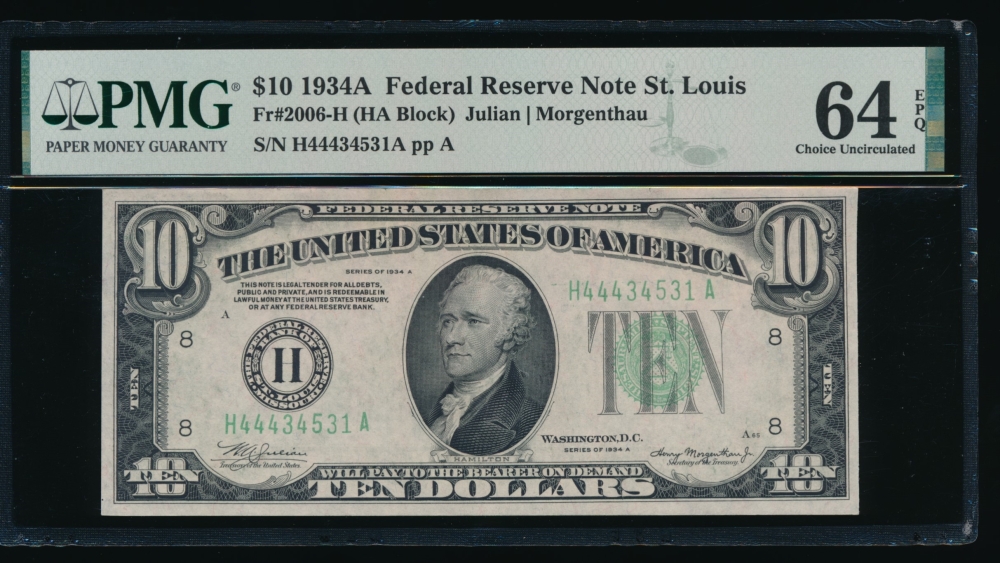 Fr. 2006-H 1934A $10  Federal Reserve Note Saint Louis PMG 64EPQ H44434531A