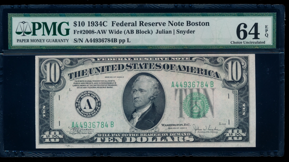 Fr. 2008-A 1934C $10  Federal Reserve Note  Boston Wide PMG 64EPQ A44936784B