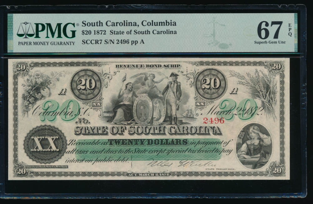 Fr. Cr SC-7 1872 $20  Obsolete State of South Carolina, Columbia, SC PMG 67EPQ 2496