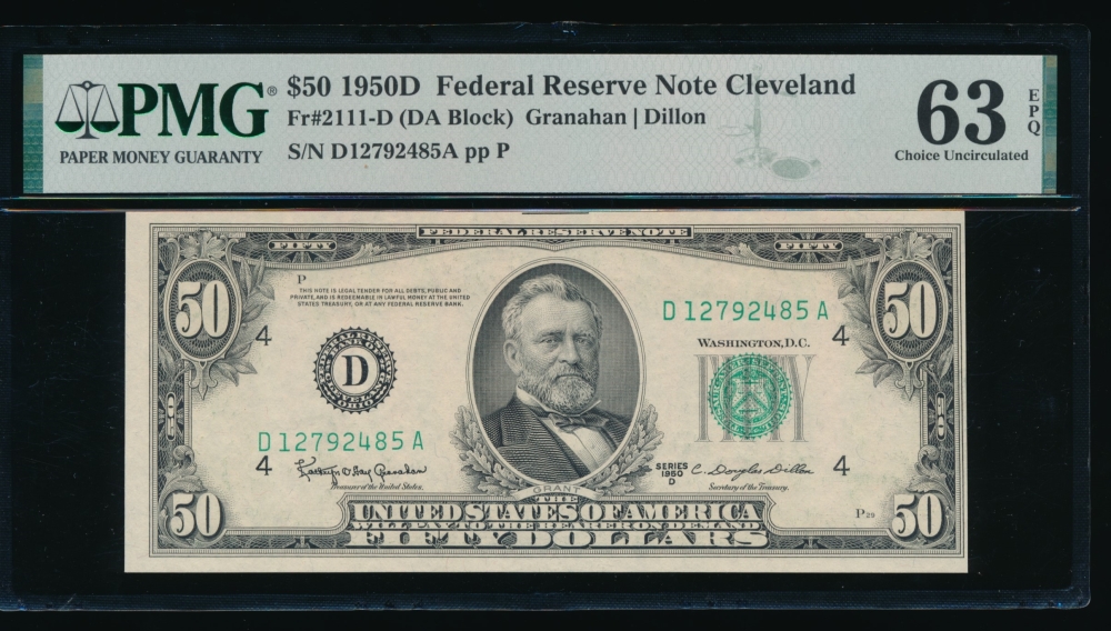 Fr. 2111-D 1950D $50  Federal Reserve Note Cleveland PMG 63EPQ D12792485A