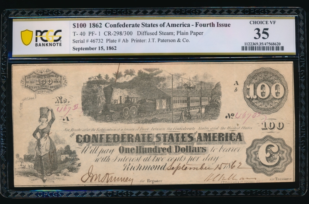 Fr. T-40 1862 $100  Confederate  PCGS 35 46732