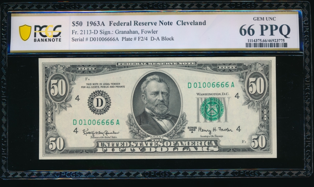 Fr. 2113-D 1963A $50  Federal Reserve Note Cleveland PCGS 66PPQ D01006666A