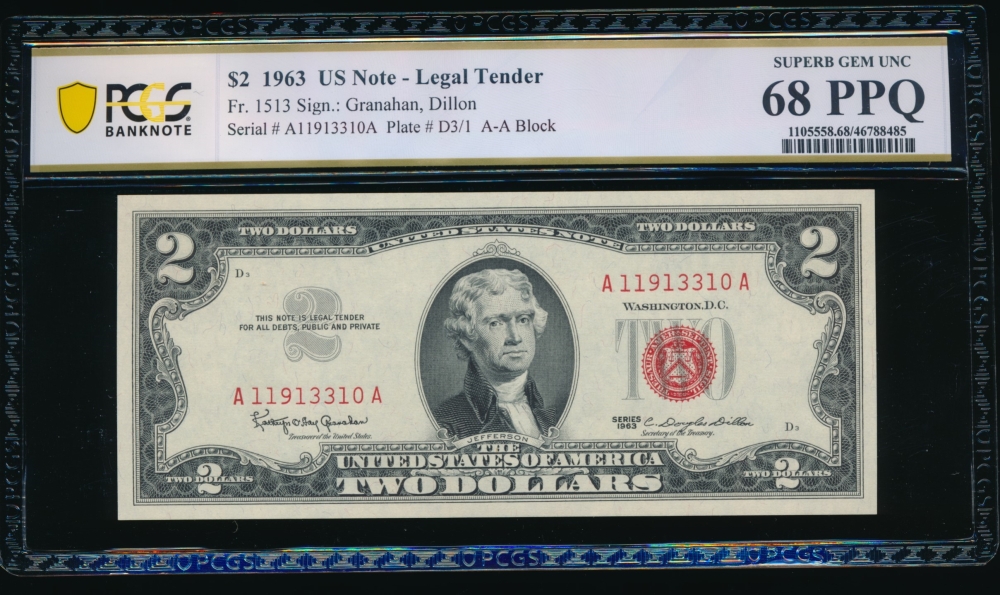 Fr. 1513 1963 $2  Legal Tender AA block PCGS 68PPQ A11913310A